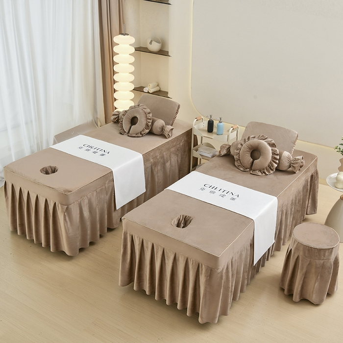 91家纺网 家纺一手货源 找家纺 诗薇娅 2025新款加厚兔毛绒美容床罩  美容床罩四件套 白+卡其