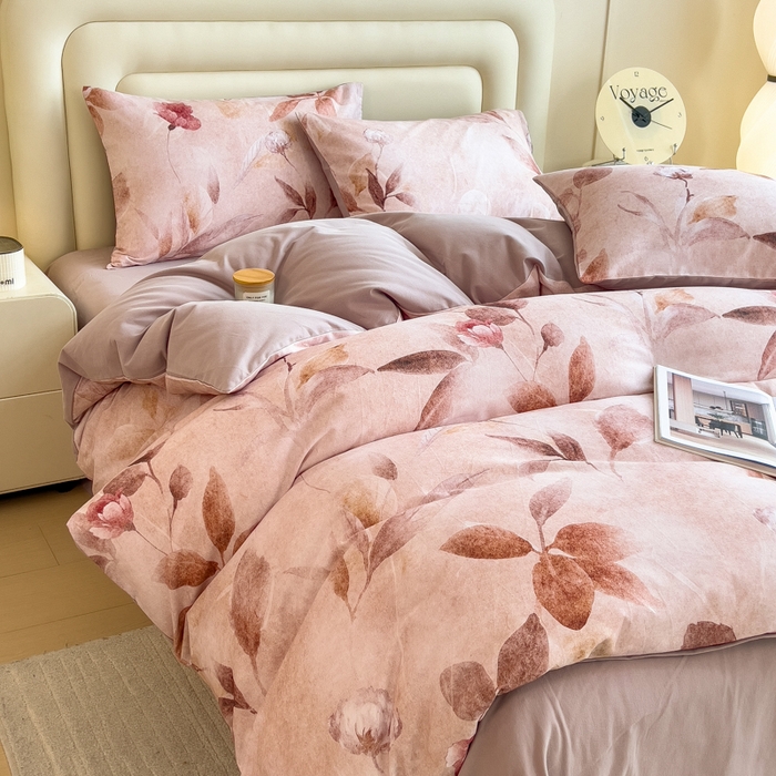 91家纺网 家纺一手货源 找家纺 印季家纺 2025新款数码印花全棉纯棉加厚磨毛四件套 云初（粉）