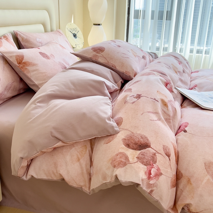 91家纺网 家纺一手货源 找家纺 印季家纺 2025新款数码印花全棉纯棉加厚磨毛四件套 云初（粉）