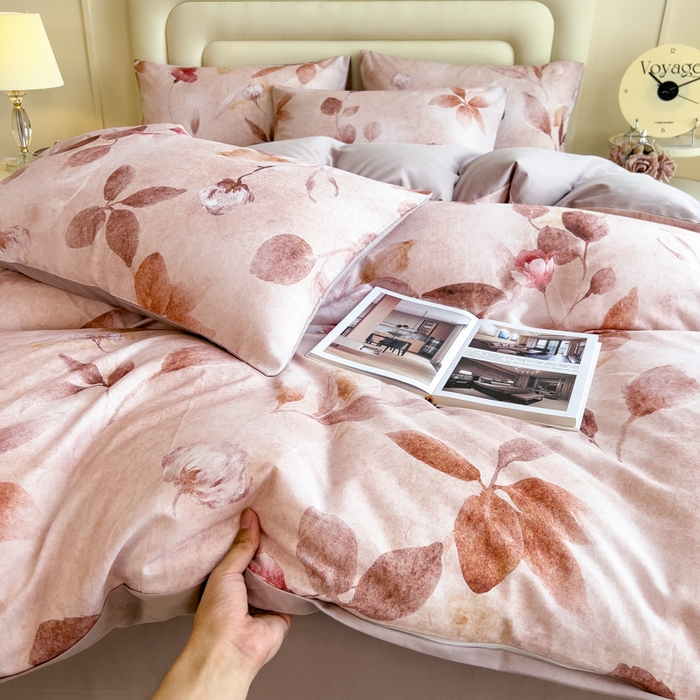 91家纺网 家纺一手货源 找家纺 印季家纺 2025新款数码印花全棉纯棉加厚磨毛四件套 云初（粉）