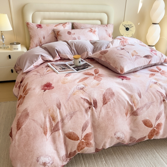 91家纺网 家纺一手货源 找家纺 印季家纺 2025新款数码印花全棉纯棉加厚磨毛四件套 云初（粉）