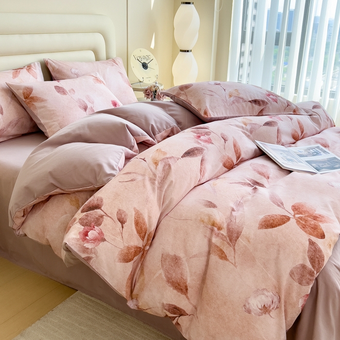 91家纺网 家纺一手货源 找家纺 印季家纺 2025新款数码印花全棉纯棉加厚磨毛四件套 云初（粉）