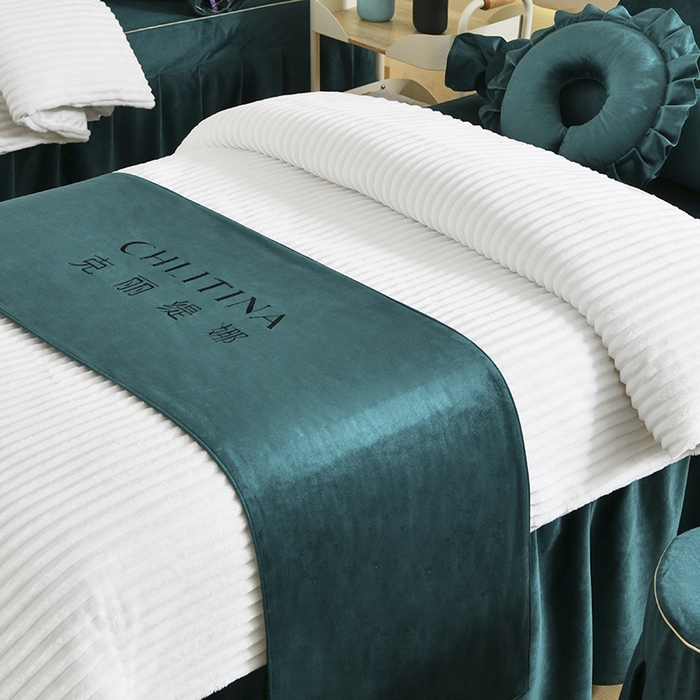 91家纺网 家纺一手货源 找家纺 诗薇娅 2025新款加厚兔毛绒美容床罩  美容床罩四件套 白+墨绿