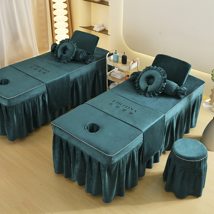 91家纺网 家纺一手货源 找家纺 诗薇娅 2025新款加厚兔毛绒美容床罩  美容床罩四件套 白+墨绿