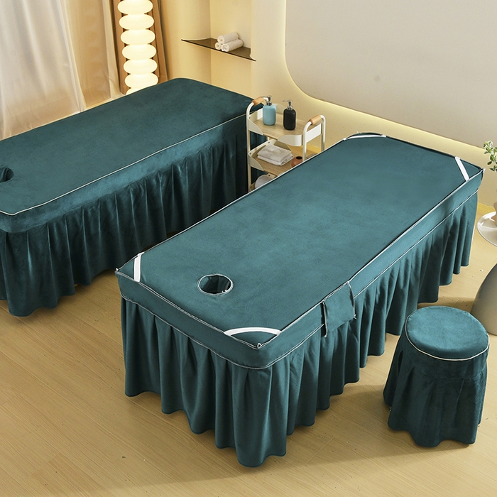 91家纺网 家纺一手货源 找家纺 诗薇娅 2025新款加厚兔毛绒美容床罩  美容床罩四件套 白+墨绿