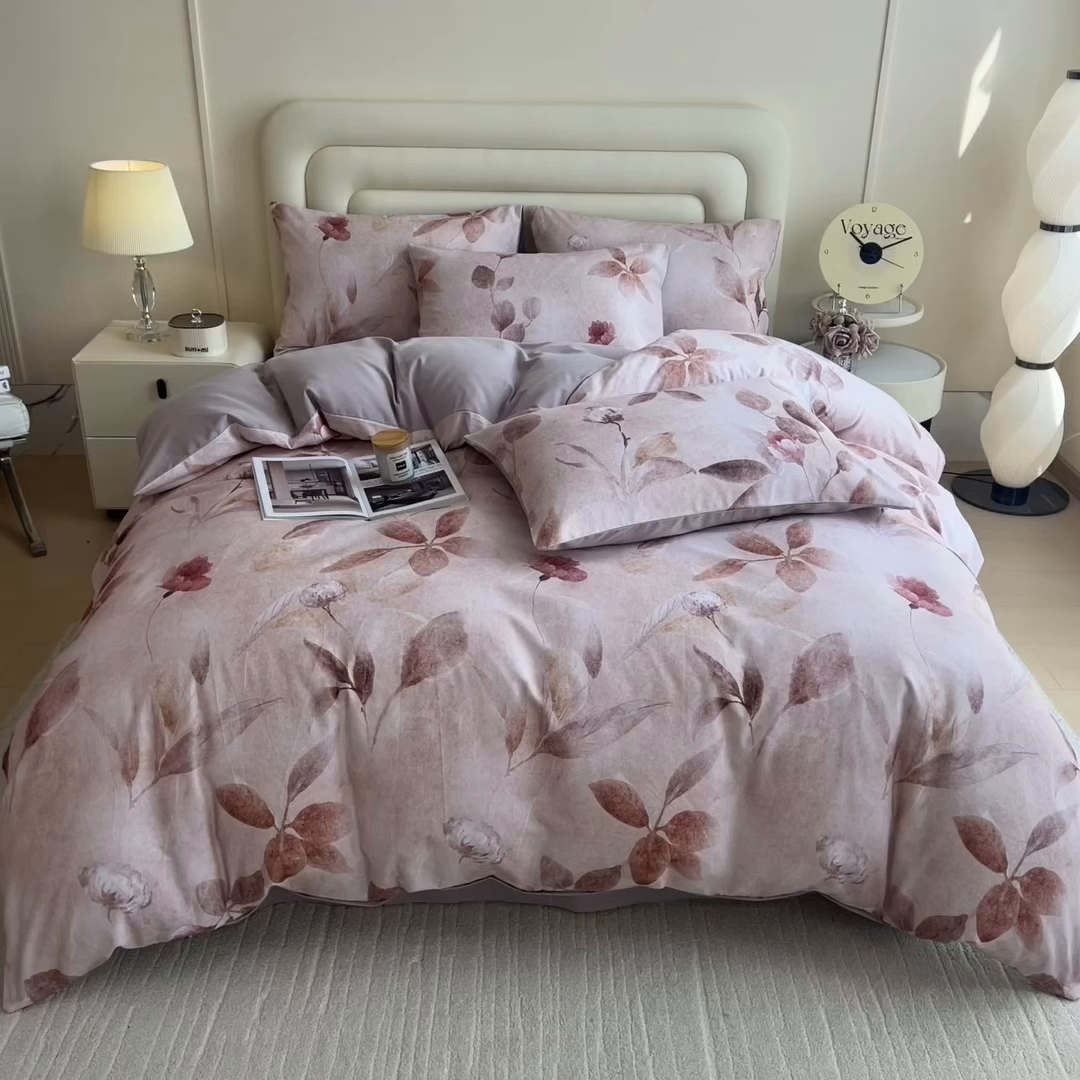 91家纺网 家纺一手货源 找家纺 印季家纺 2025新款数码印花全棉纯棉加厚磨毛四件套 云初（粉）