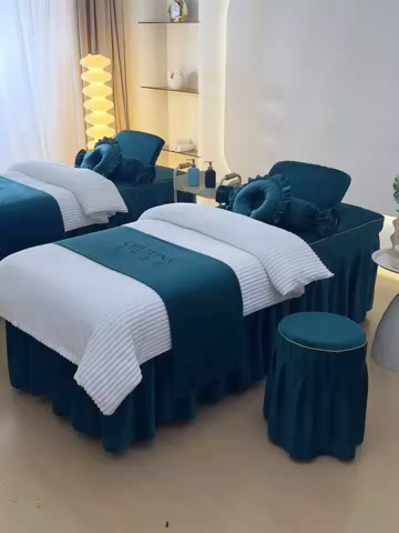 91家纺网 家纺一手货源 找家纺 诗薇娅 2025新款加厚兔毛绒美容床罩  美容床罩四件套 白+墨绿