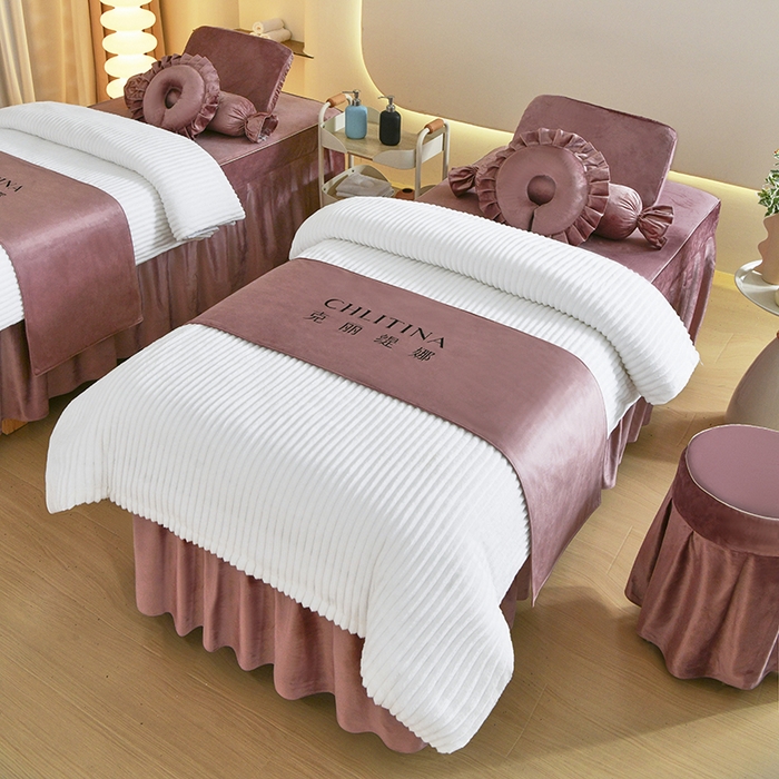 91家纺网 家纺一手货源 找家纺 诗薇娅 2025新款加厚兔毛绒美容床罩  美容床罩四件套 白+暖豆沙