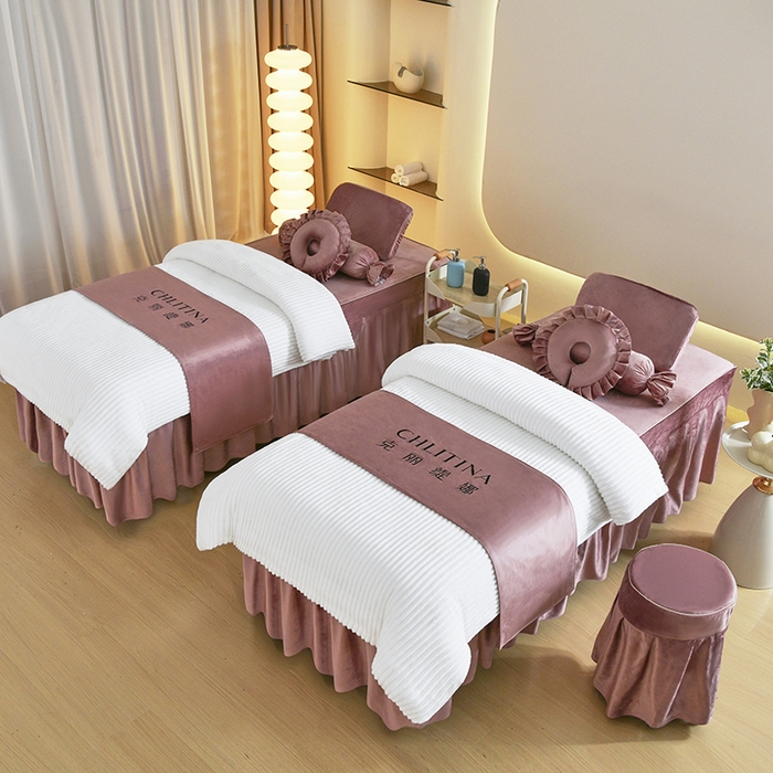 诗薇娅 2025新款加厚兔毛绒美容床罩  美容床罩四件套 白+暖豆沙