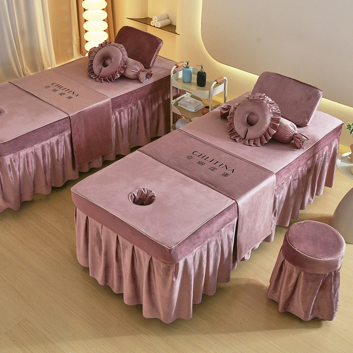 91家纺网 家纺一手货源 找家纺 诗薇娅 2025新款加厚兔毛绒美容床罩  美容床罩四件套 白+暖豆沙