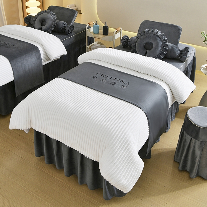 91家纺网 家纺一手货源 找家纺 诗薇娅 2025新款加厚兔毛绒美容床罩  美容床罩四件套 白+深灰