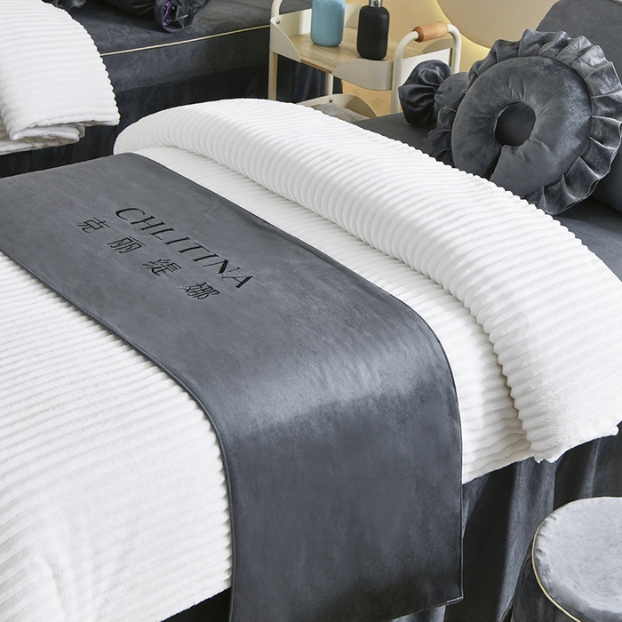 91家纺网 家纺一手货源 找家纺 诗薇娅 2025新款加厚兔毛绒美容床罩  美容床罩四件套 白+深灰