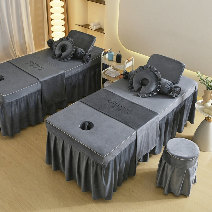 91家纺网 家纺一手货源 找家纺 诗薇娅 2025新款加厚兔毛绒美容床罩  美容床罩四件套 白+深灰