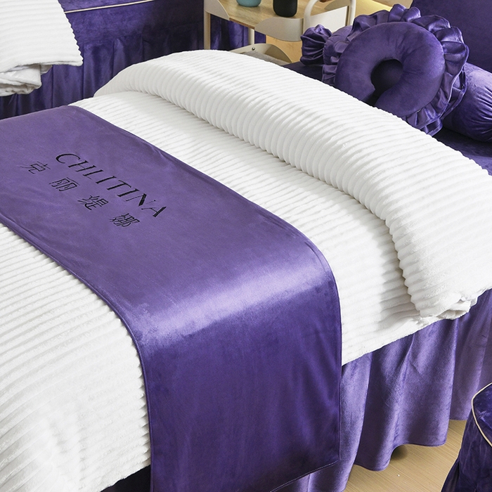 91家纺网 家纺一手货源 找家纺 诗薇娅 2025新款加厚兔毛绒美容床罩  美容床罩四件套 白+紫色