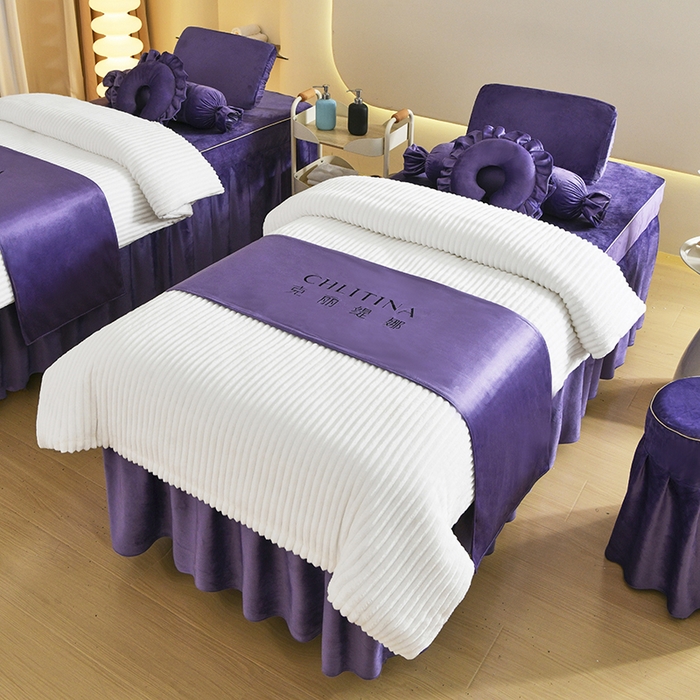 91家纺网 家纺一手货源 找家纺 诗薇娅 2025新款加厚兔毛绒美容床罩  美容床罩四件套 白+紫色