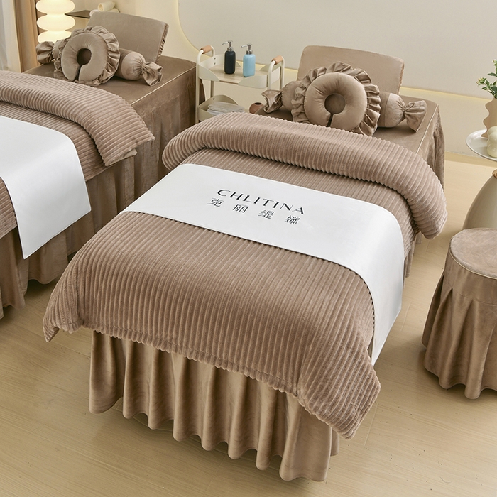 91家纺网 家纺一手货源 找家纺 诗薇娅 2025新款加厚兔毛绒美容床罩  美容床罩四件套 卡其