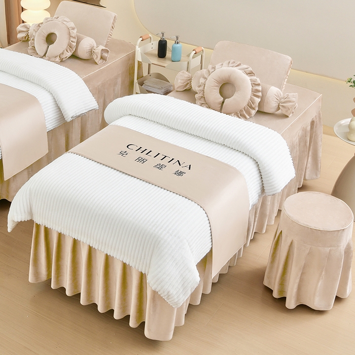 诗薇娅 2025新款加厚兔毛绒美容床罩  美容床罩四件套 白配浅卡其