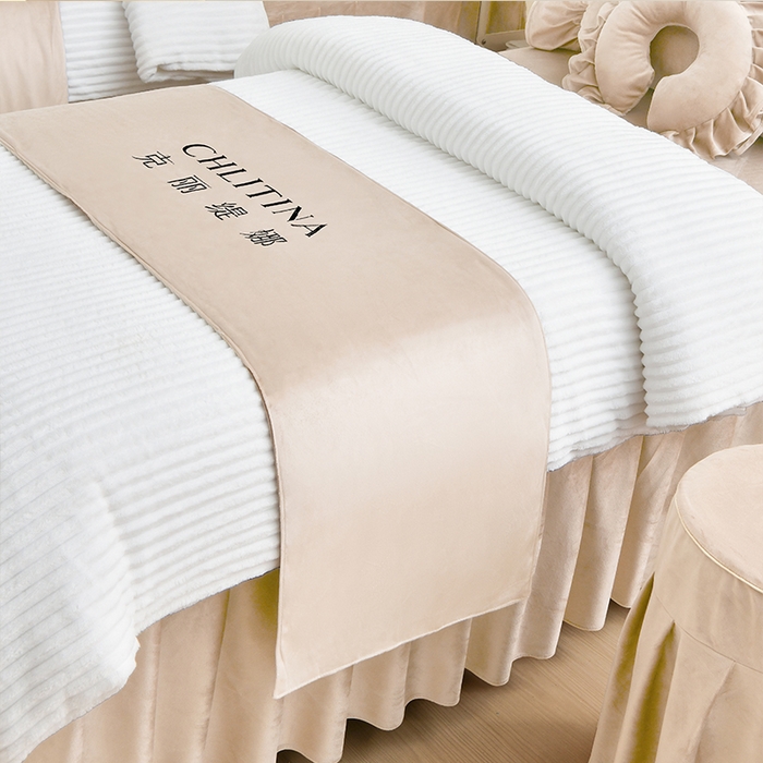 91家纺网 家纺一手货源 找家纺 诗薇娅 2025新款加厚兔毛绒美容床罩  美容床罩四件套 白配浅卡其