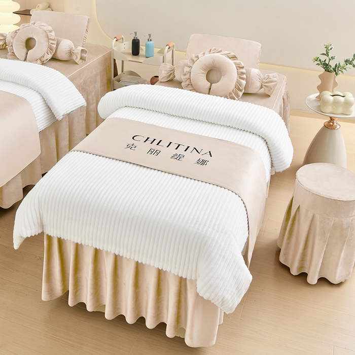 91家纺网 家纺一手货源 找家纺 诗薇娅 2025新款加厚兔毛绒美容床罩  美容床罩四件套 白配浅卡其