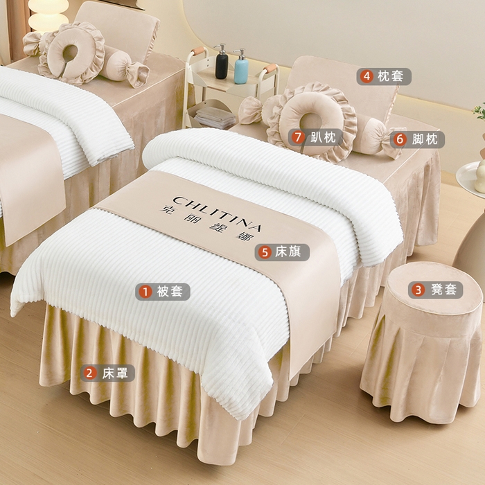 91家纺网 家纺一手货源 找家纺 诗薇娅 2025新款加厚兔毛绒美容床罩  美容床罩四件套 白配浅卡其