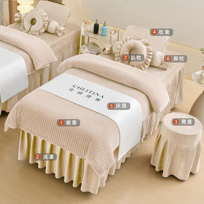 91家纺网 家纺一手货源 找家纺 诗薇娅 2025新款加厚兔毛绒美容床罩  美容床罩四件套 浅卡其