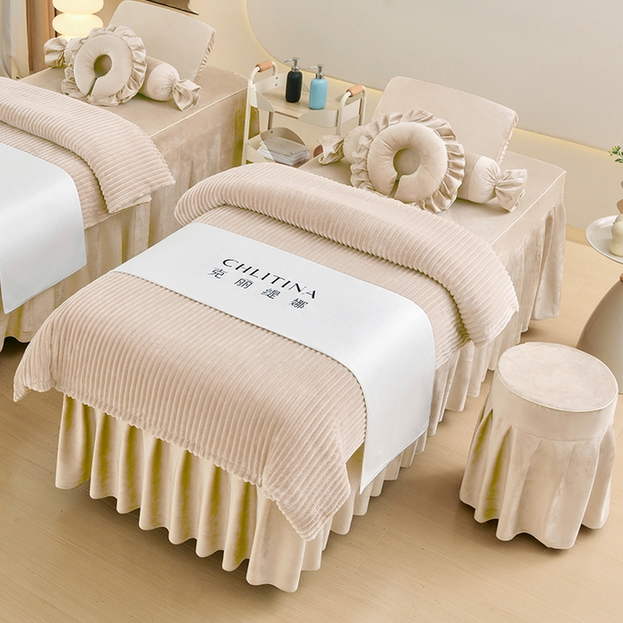 诗薇娅 2025新款加厚兔毛绒美容床罩  美容床罩四件套 浅卡其