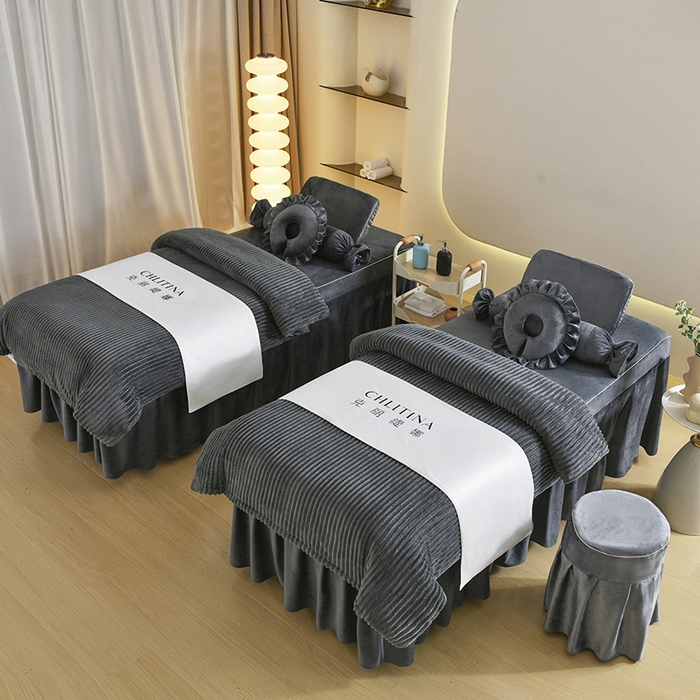 91家纺网 家纺一手货源 找家纺 诗薇娅 2025新款加厚兔毛绒美容床罩  美容床罩四件套 深灰色