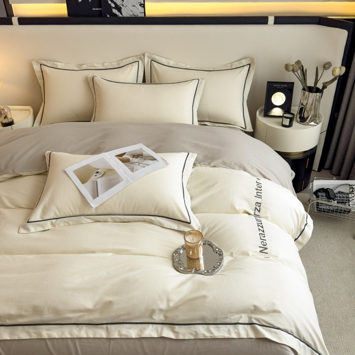 91家纺网 家纺一手货源 找家纺 印季家纺 2025新款绣花一字绣全棉纯棉加厚磨毛四件套 奶昔白-星空银