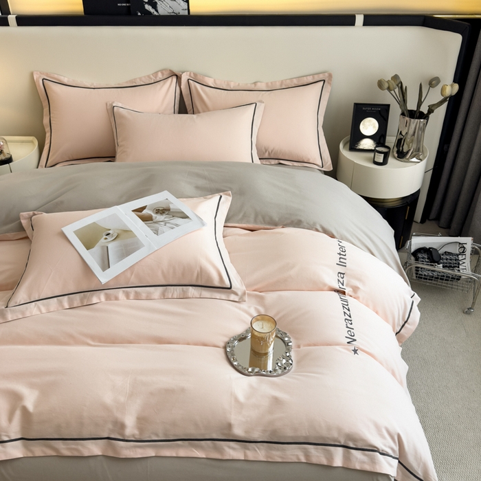 91家纺网 家纺一手货源 找家纺 印季家纺 2025新款绣花一字绣全棉纯棉加厚磨毛四件套 梦幻粉-星空银