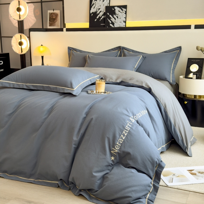 91家纺网 家纺一手货源 找家纺 印季家纺 2025新款绣花一字绣全棉纯棉加厚磨毛四件套 宝石蓝-深灰