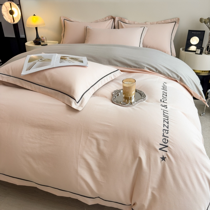 91家纺网 家纺一手货源 找家纺 印季家纺 2025新款绣花一字绣全棉纯棉加厚磨毛四件套 梦幻粉-星空银