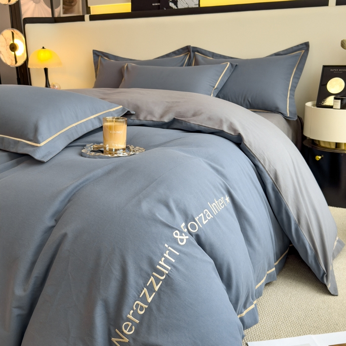 91家纺网 家纺一手货源 找家纺 印季家纺 2025新款绣花一字绣全棉纯棉加厚磨毛四件套 宝石蓝-深灰