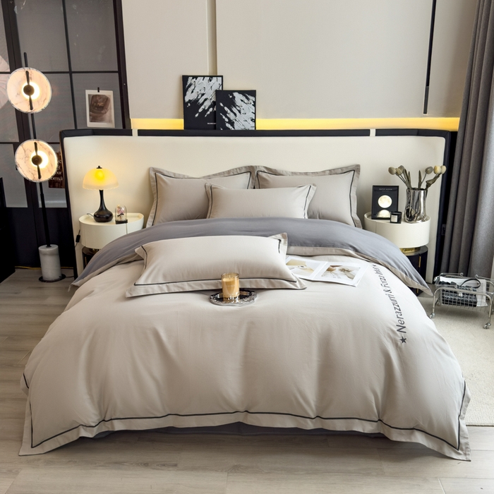 91家纺网 家纺一手货源 找家纺 印季家纺 2025新款绣花一字绣全棉纯棉加厚磨毛四件套 星空银-深灰