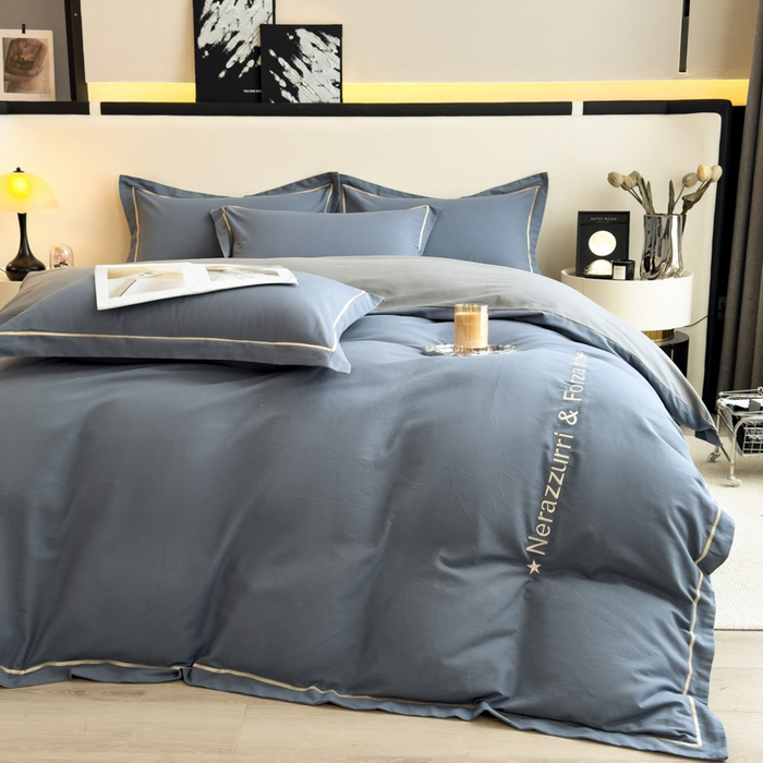 91家纺网 家纺一手货源 找家纺 印季家纺 2025新款绣花一字绣全棉纯棉加厚磨毛四件套 宝石蓝-深灰