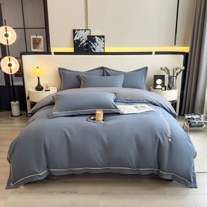 91家纺网 家纺一手货源 找家纺 印季家纺 2025新款绣花一字绣全棉纯棉加厚磨毛四件套 宝石蓝-深灰