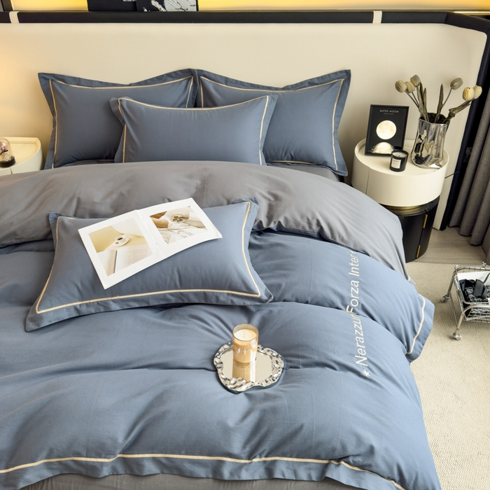 91家纺网 家纺一手货源 找家纺 印季家纺 2025新款绣花一字绣全棉纯棉加厚磨毛四件套 宝石蓝-深灰