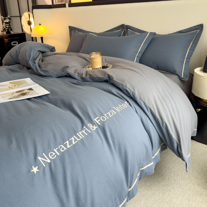 91家纺网 家纺一手货源 找家纺 印季家纺 2025新款绣花一字绣全棉纯棉加厚磨毛四件套 宝石蓝-深灰