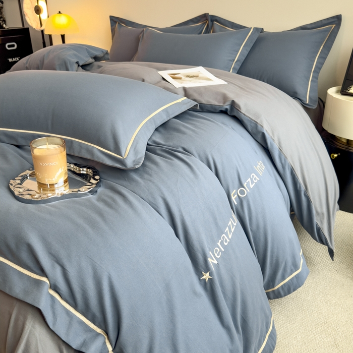 91家纺网 家纺一手货源 找家纺 印季家纺 2025新款绣花一字绣全棉纯棉加厚磨毛四件套 宝石蓝-深灰