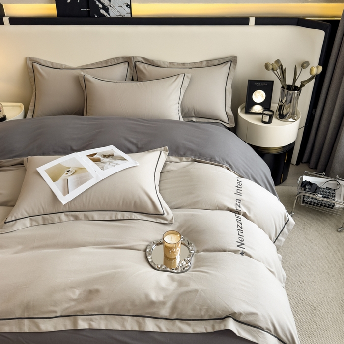 91家纺网 家纺一手货源 找家纺 印季家纺 2025新款绣花一字绣全棉纯棉加厚磨毛四件套 星空银-深灰