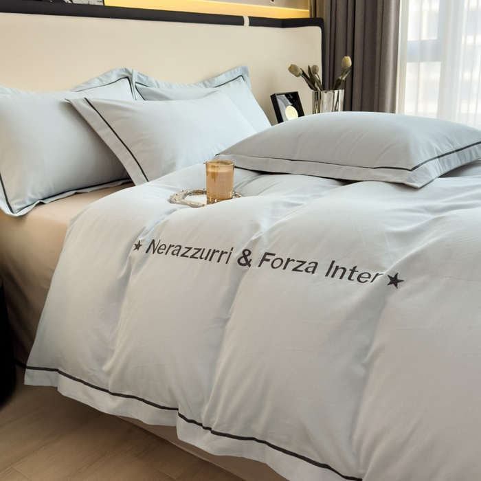 91家纺网 家纺一手货源 找家纺 印季家纺 2025新款绣花一字绣全棉纯棉加厚磨毛四件套 爱丽丝蓝-星空银