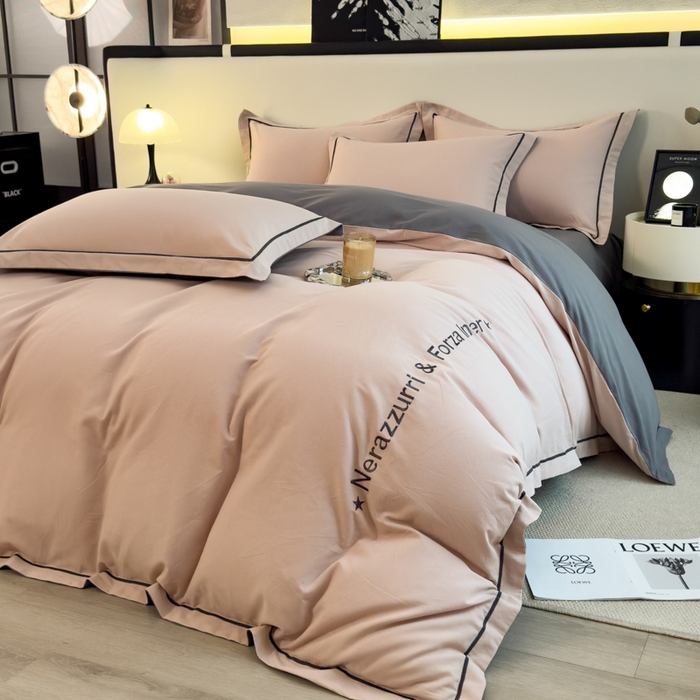 91家纺网 家纺一手货源 找家纺 印季家纺 2025新款绣花一字绣全棉纯棉加厚磨毛四件套 海棠粉-深灰