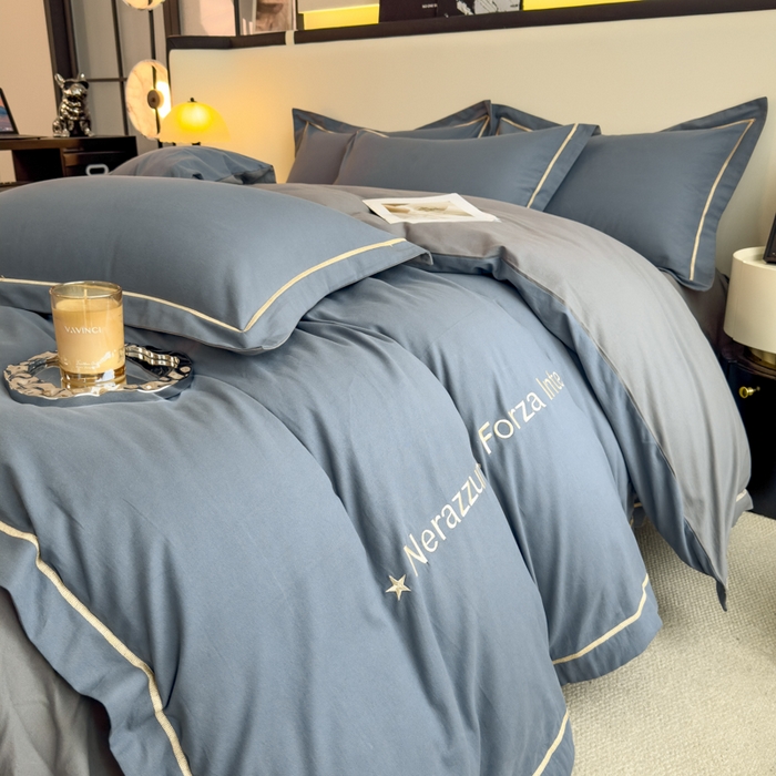 91家纺网 家纺一手货源 找家纺 印季家纺 2025新款绣花一字绣全棉纯棉加厚磨毛四件套 宝石蓝-深灰