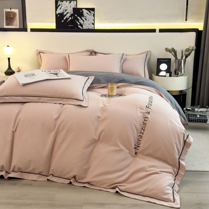 91家纺网 家纺一手货源 找家纺 印季家纺 2025新款绣花一字绣全棉纯棉加厚磨毛四件套 海棠粉-深灰