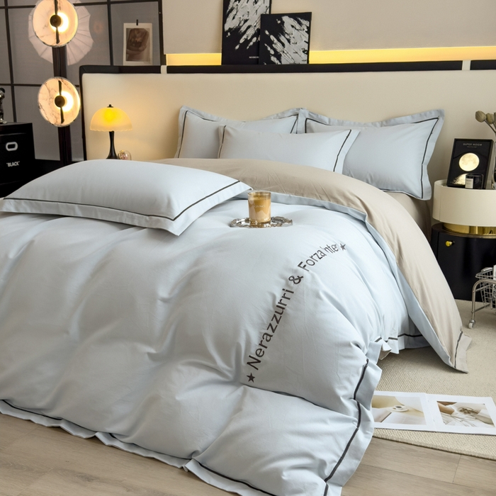 91家纺网 家纺一手货源 找家纺 印季家纺 2025新款绣花一字绣全棉纯棉加厚磨毛四件套 爱丽丝蓝-星空银