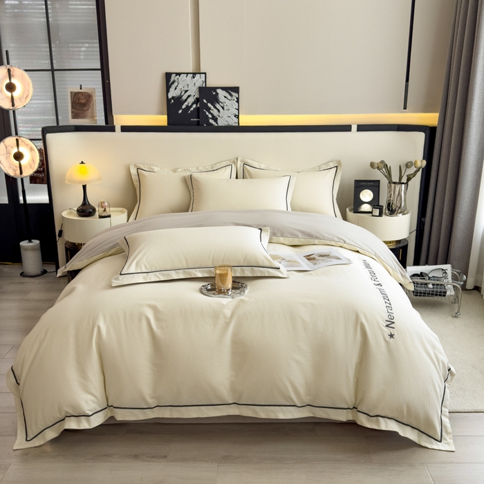 91家纺网 家纺一手货源 找家纺 印季家纺 2025新款绣花一字绣全棉纯棉加厚磨毛四件套 奶昔白-星空银