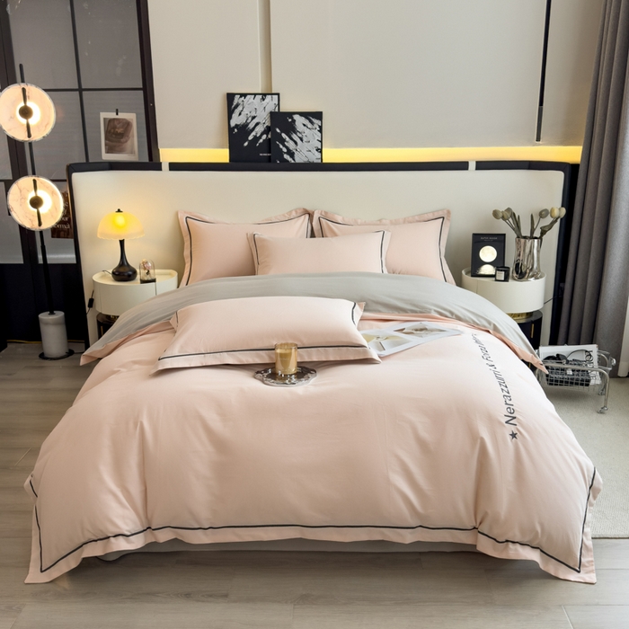 91家纺网 家纺一手货源 找家纺 印季家纺 2025新款绣花一字绣全棉纯棉加厚磨毛四件套 梦幻粉-星空银