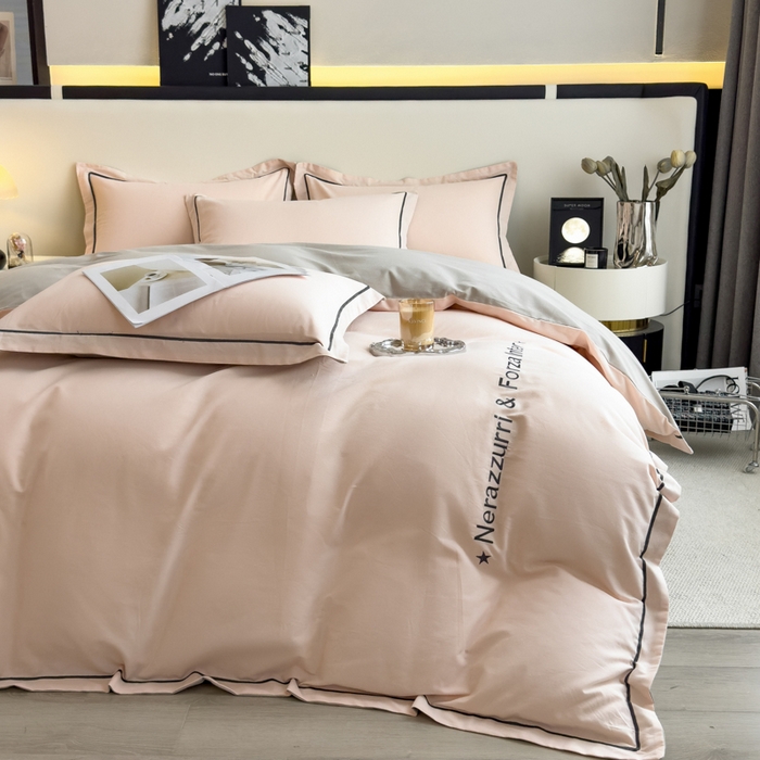 91家纺网 家纺一手货源 找家纺 印季家纺 2025新款绣花一字绣全棉纯棉加厚磨毛四件套 梦幻粉-星空银