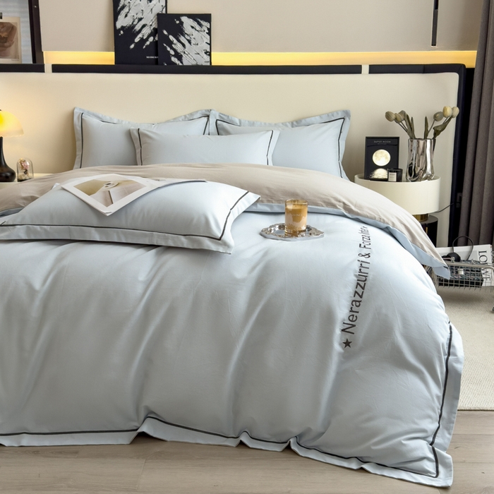 91家纺网 家纺一手货源 找家纺 印季家纺 2025新款绣花一字绣全棉纯棉加厚磨毛四件套 爱丽丝蓝-星空银