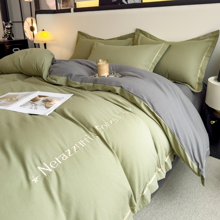 91家纺网 家纺一手货源 找家纺 印季家纺 2025新款绣花一字绣全棉纯棉加厚磨毛四件套 松柏绿-深灰