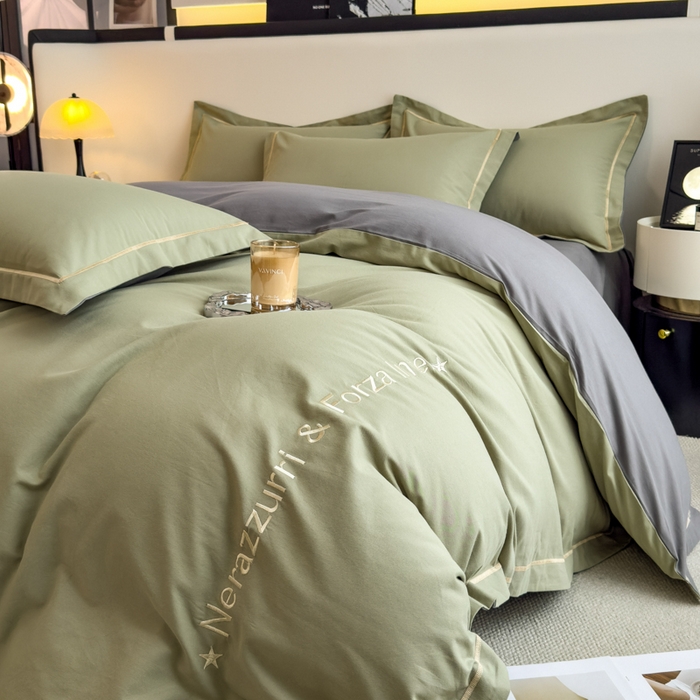 91家纺网 家纺一手货源 找家纺 印季家纺 2025新款绣花一字绣全棉纯棉加厚磨毛四件套 松柏绿-深灰